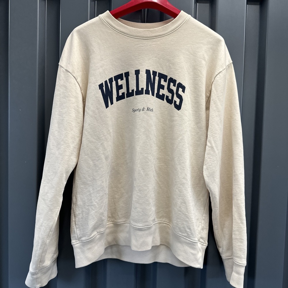 Sporty & Rich Medium Wellness Crewneck Sweatshirt Beige 100% Cotton Made In USA